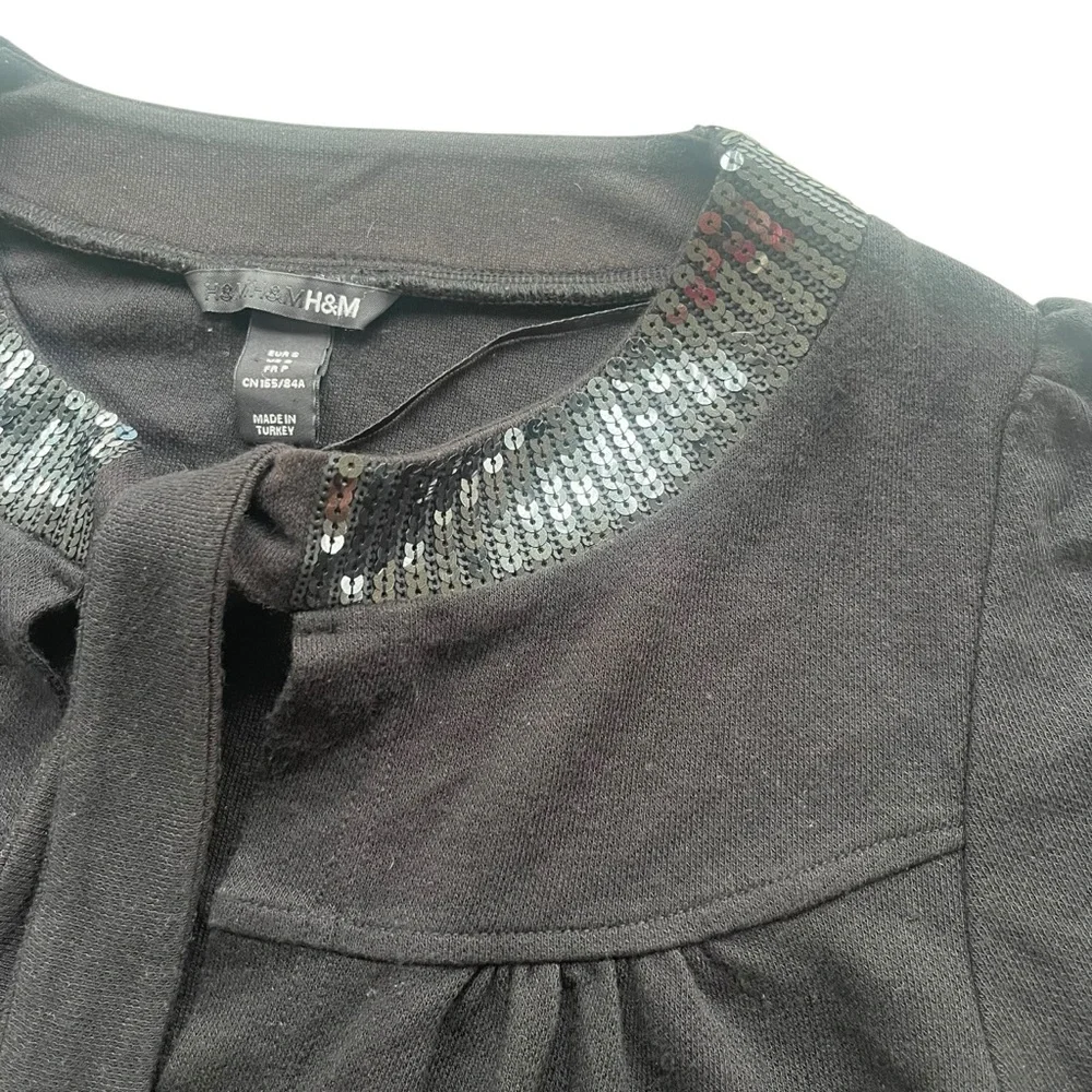 H&M Women’s Small Black Sequins Trim Short Puff Sleeve Tie Top Crop Y2K Cardigan